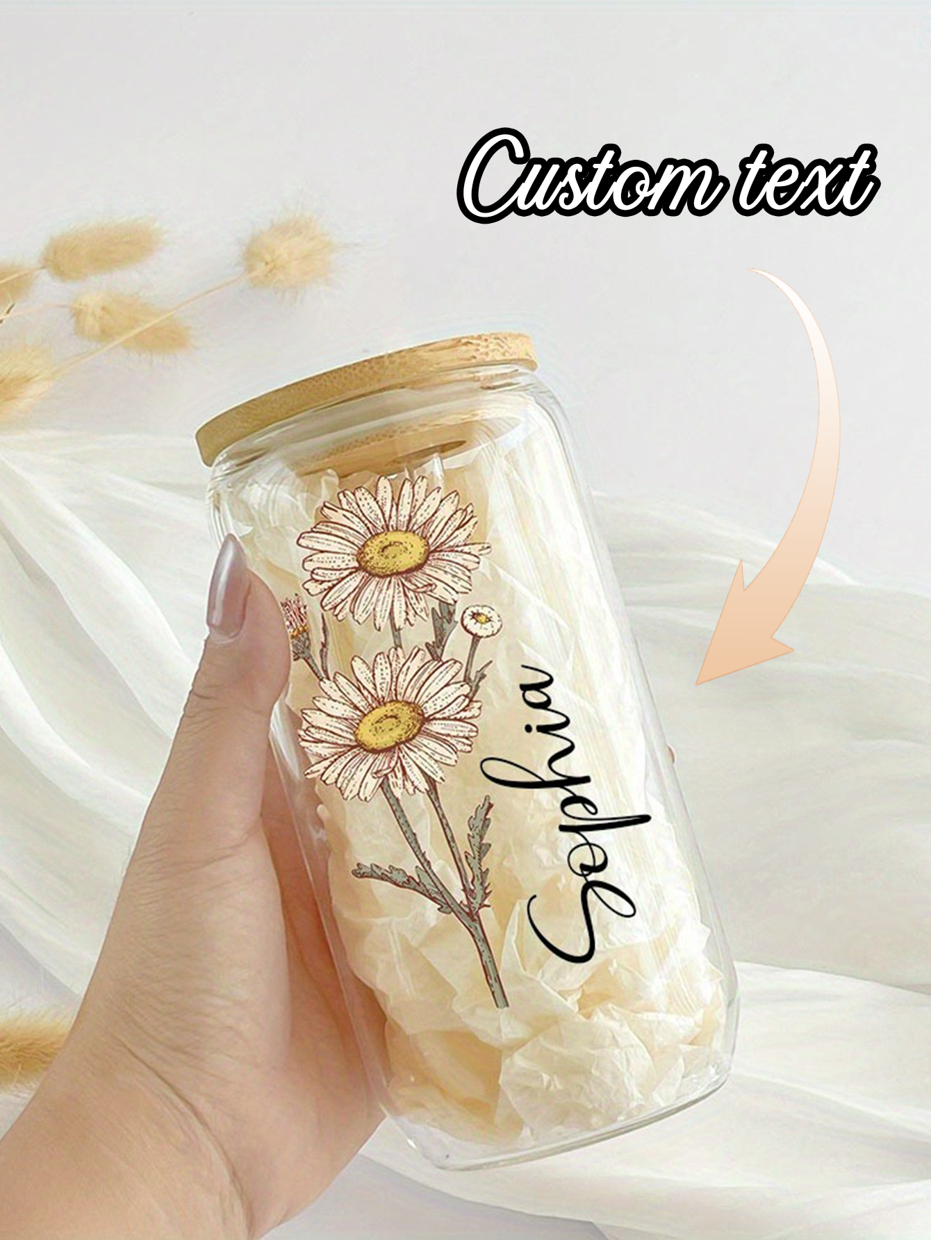 Personalized Daisy Glass Iced Coffee Mug with Bamboo Lid
